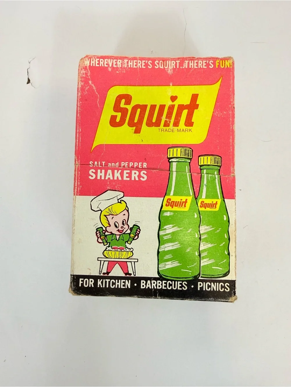 Vintage Squirt Soda Salt & Pepper Shakers Glass With Plastic Top Damaged Box